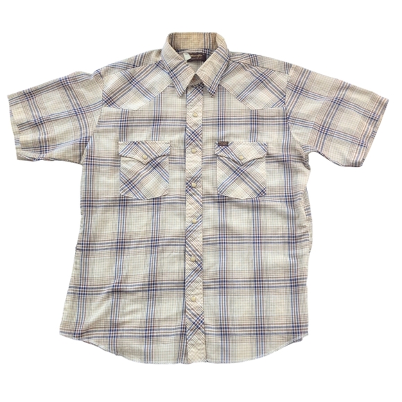 Wrangler Shirt Men's Large Tan/Blue Plaid Vintage Pearl Snaps Western Cowboy... - Picture 1 of 6